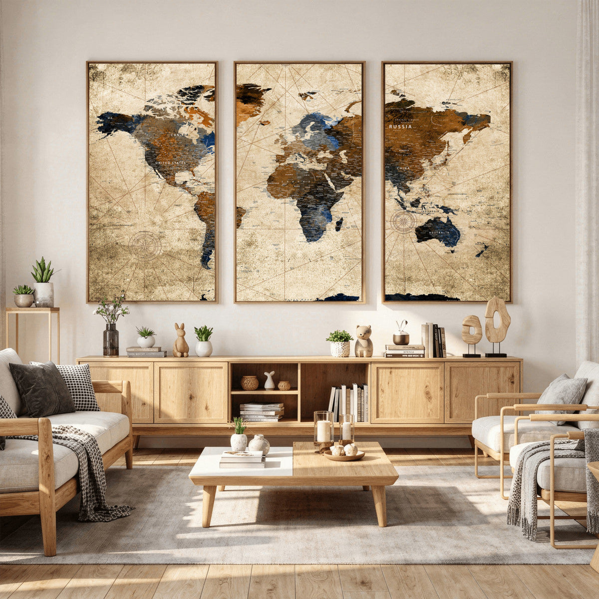 World Map Wall Art – Rustic Earth Tone Canvas Print, Antique