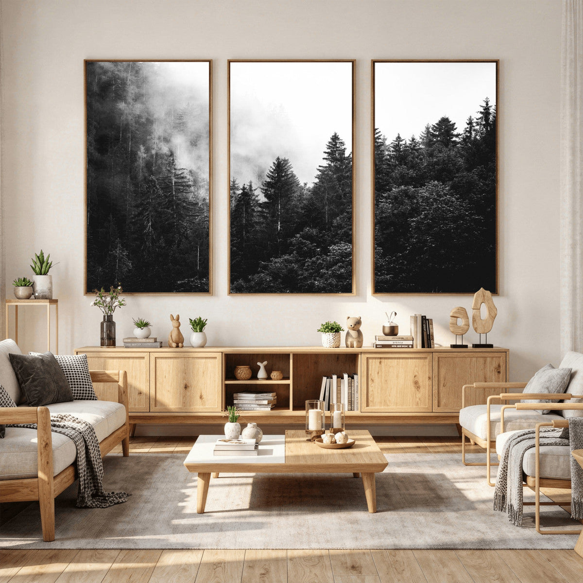 Black White Forest Wall Art Canvas Print, Misty Pine Tree