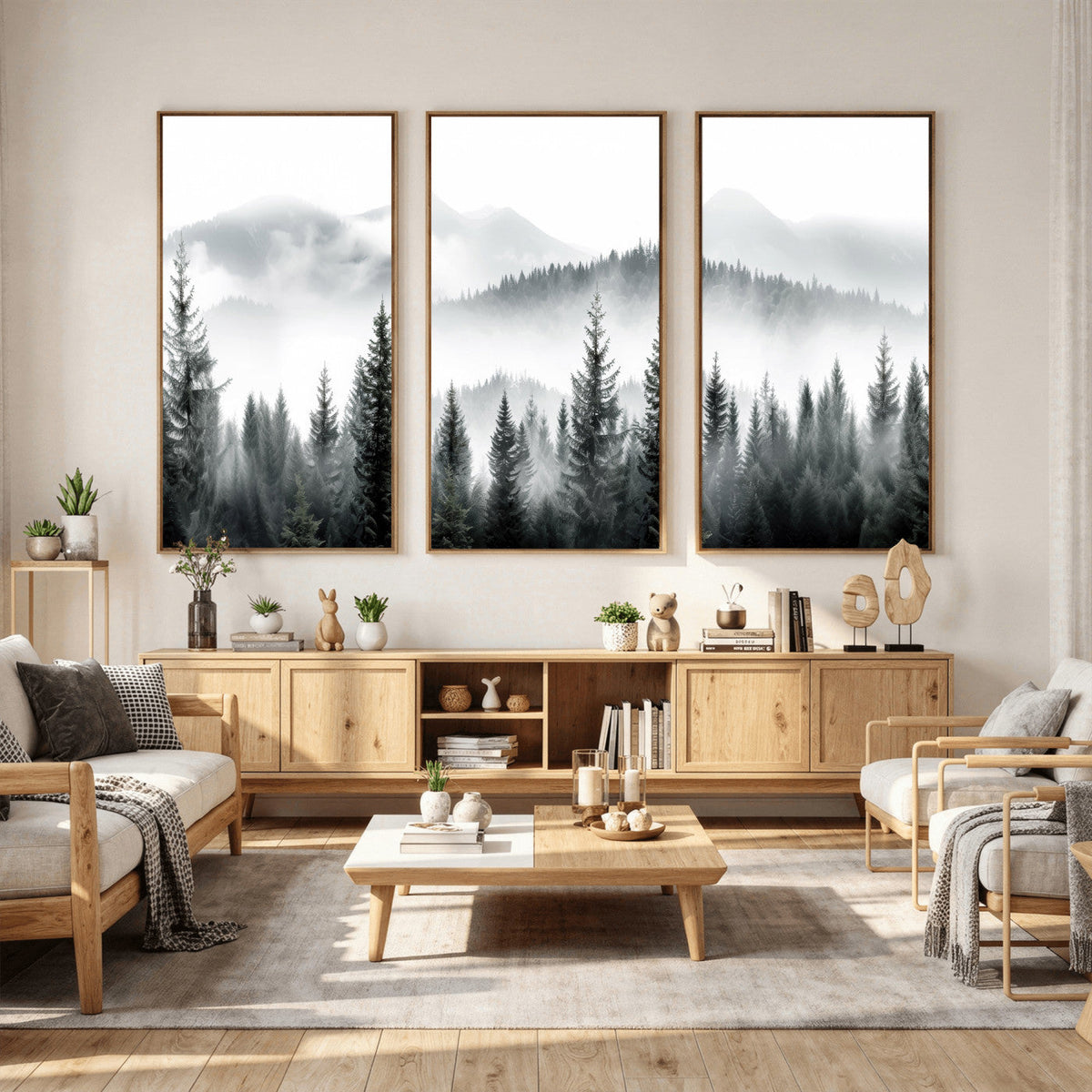 Misty Pine Forest Mountain Landscape Wall Art Canvas Print