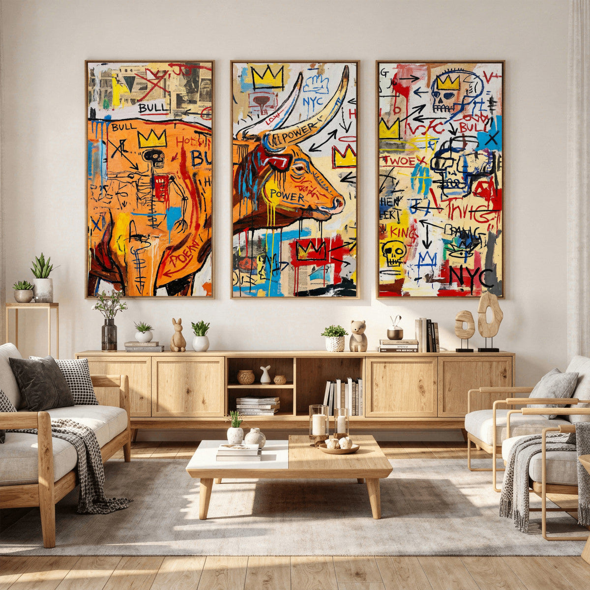 Basquiat Style Bull Graffiti Wall Art Canvas Print, Street