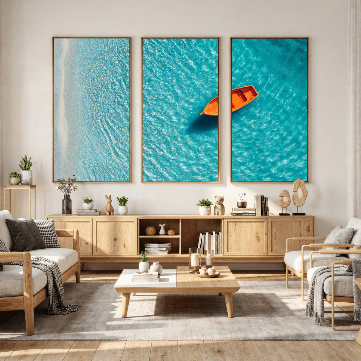 Minimalist Boat Wall Art Canvas Print, Aerial Sea Landscape