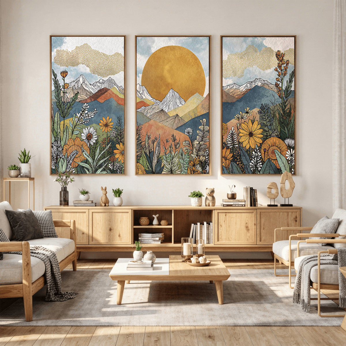 Boho Mountain Landscape Large Wall Art, Horizontal Gold