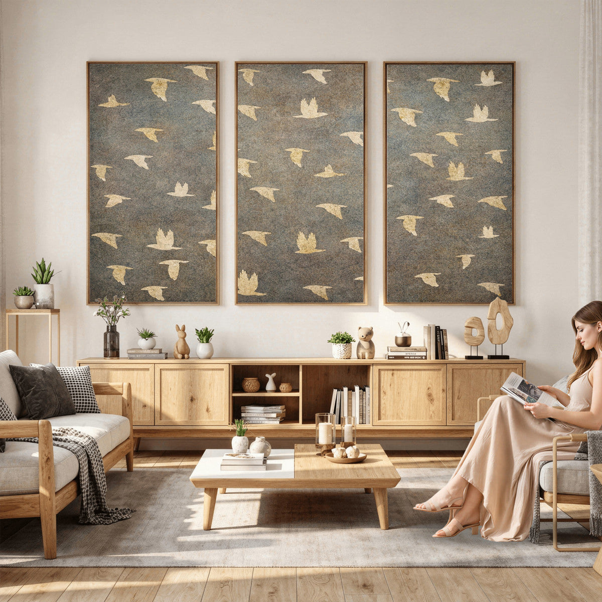 Flying Birds Canvas Wall Art, Vintage Bird Flock Pattern