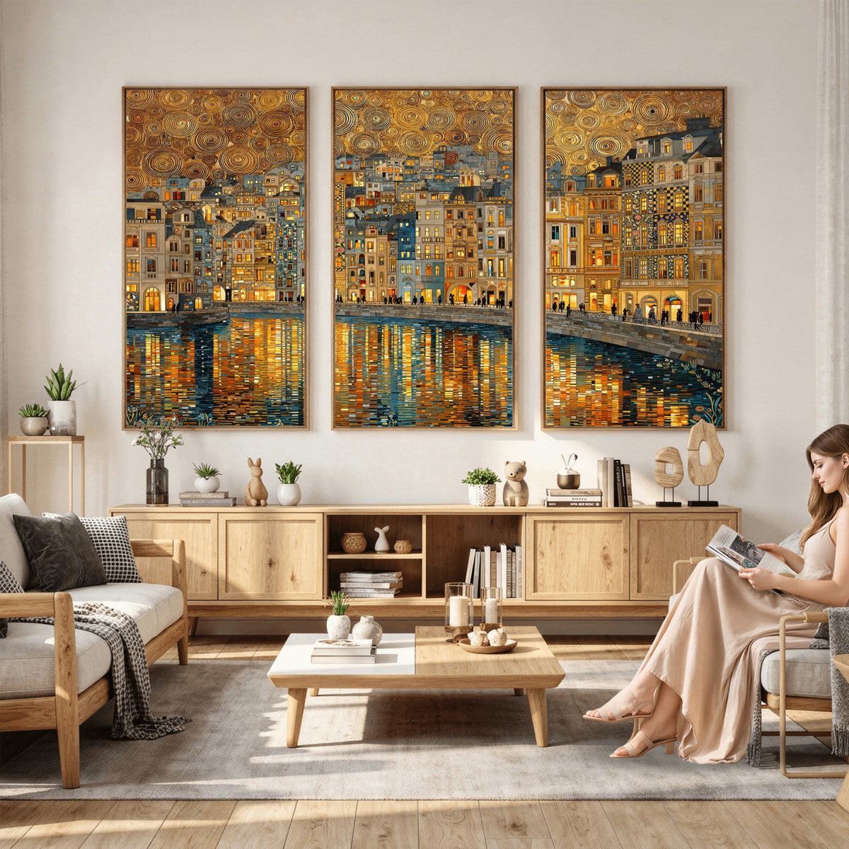 Gustav Klimt Golden Cityscape Wall Art Canvas Print, Framed