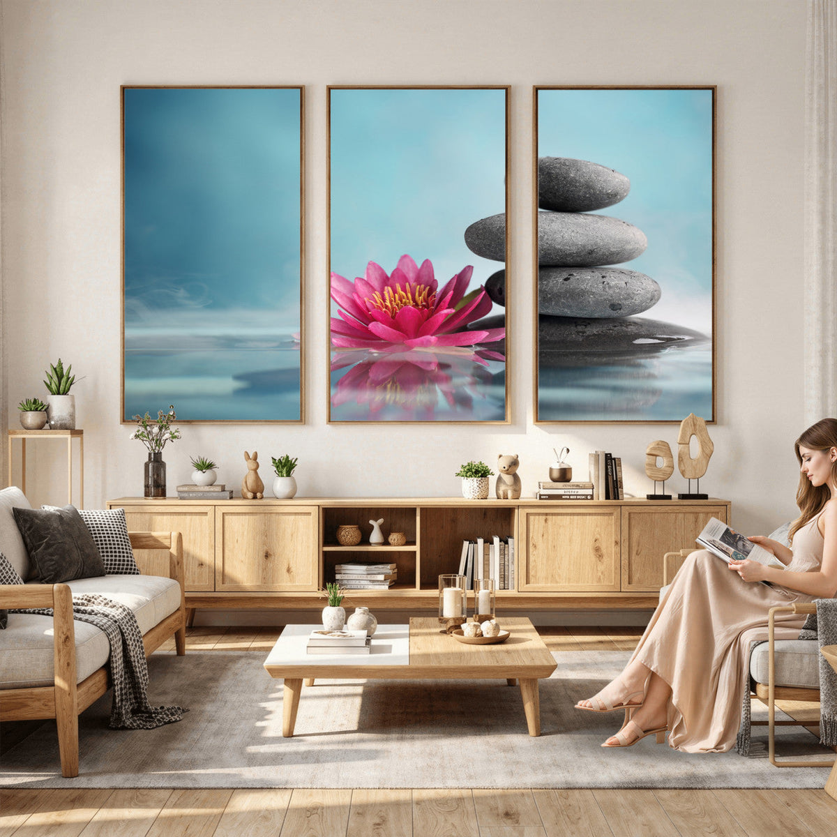 Zen Canvas Wall Art Lotus Flower Stacked Stones Teal Spa