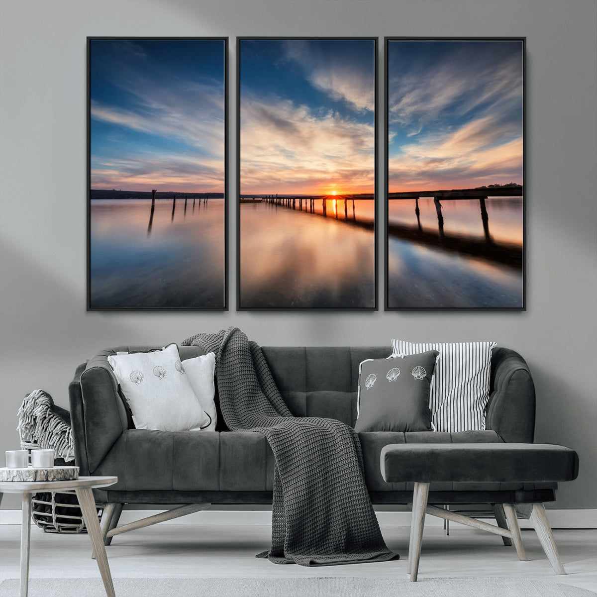 Wooden Pier on Seascape and Sunset Wall Art Canvas Print