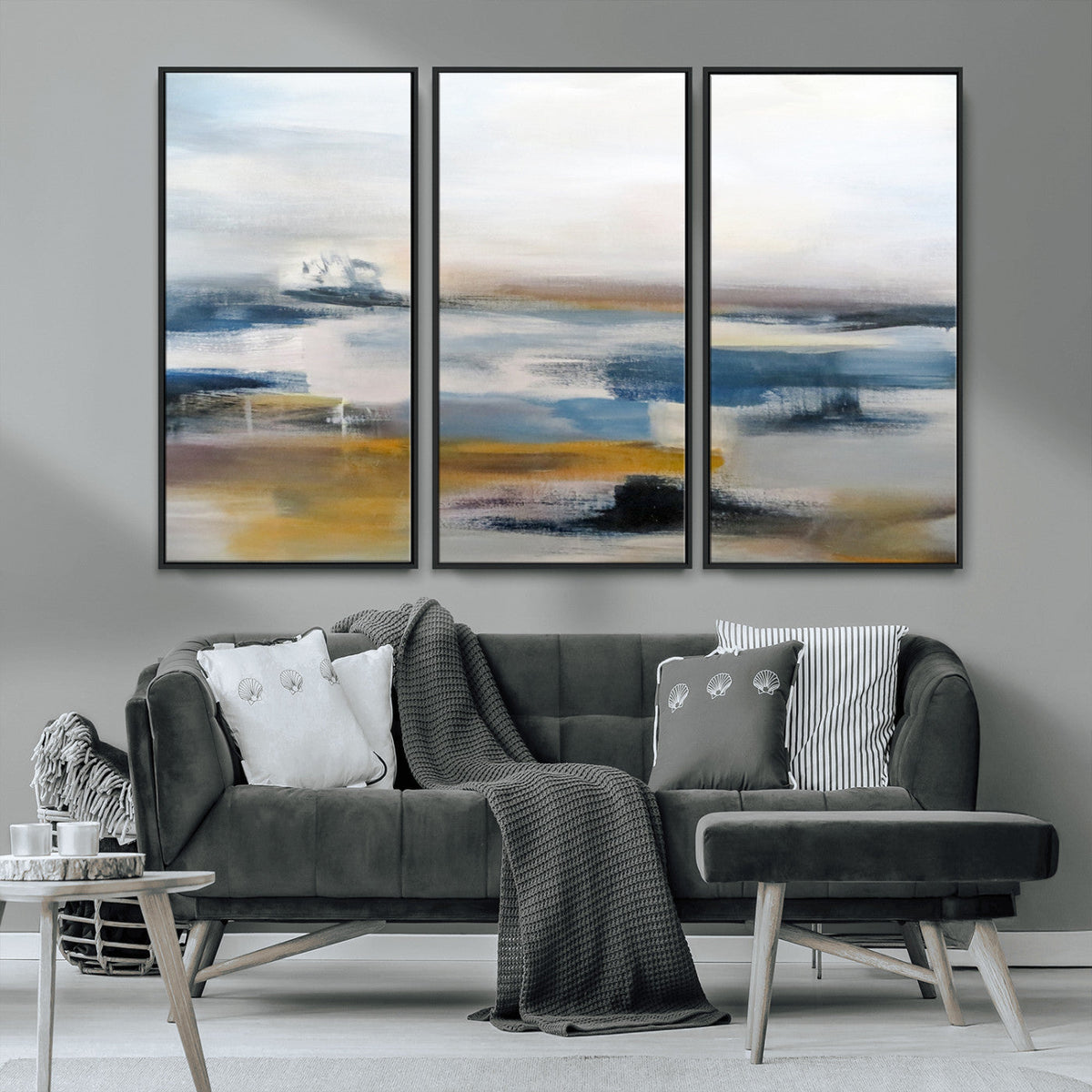 Abstract Landscape Wall Art Canvas | 3 Panel Modern Blue,