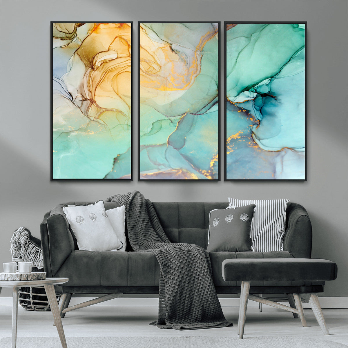Abstract Aqua and Gold Fluid Wall Art Canvas | 3 Panel Large