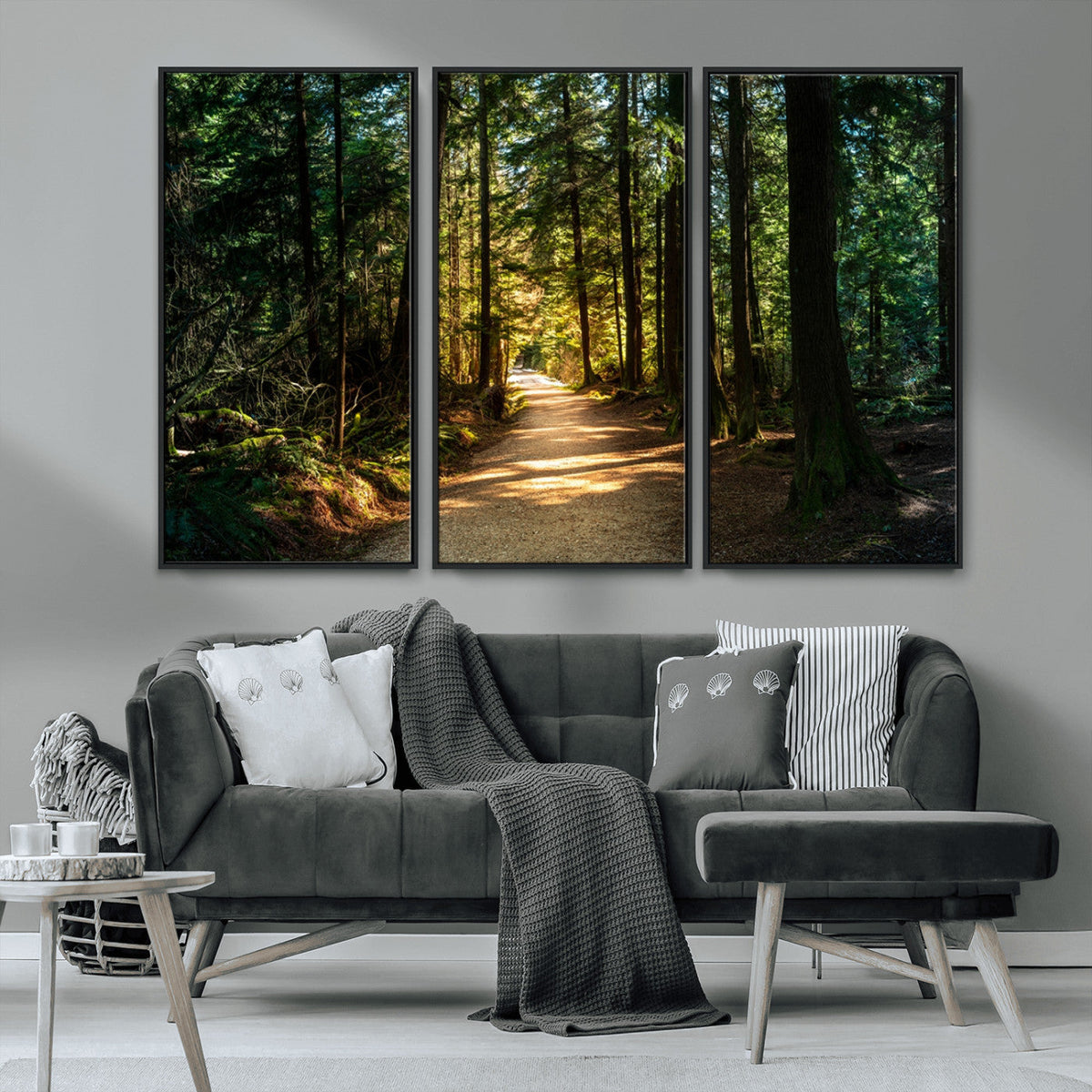 Sunlit Forest Pathway Canvas Print | 3 Panel Large Nature