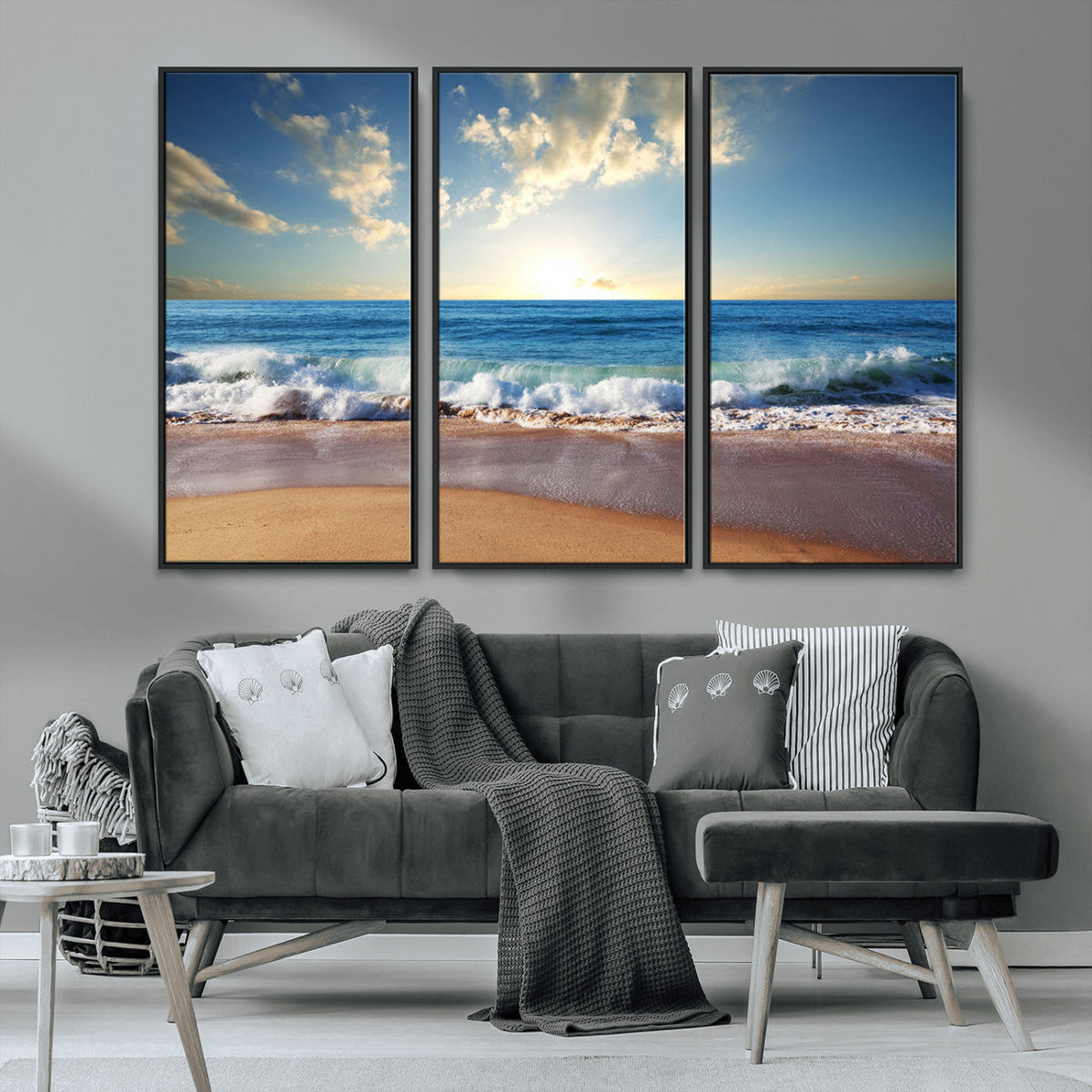 Serene Ocean Sunset Canvas Wall Art - Beach Waves at Sunset,