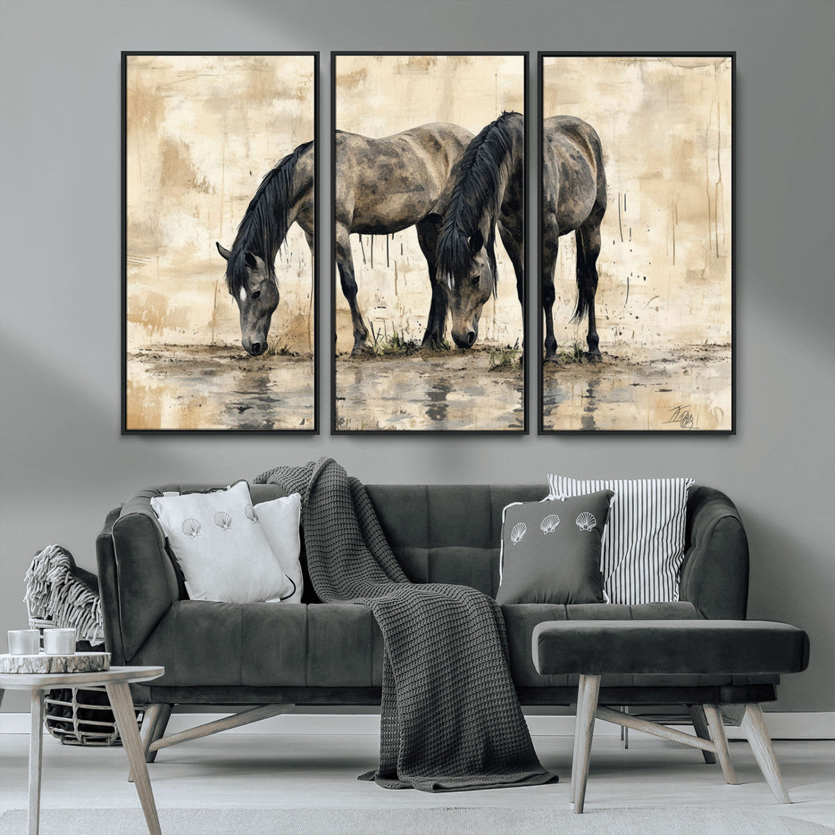 Chinese Style Abstract Black Horses Wall Art Canvas Print -