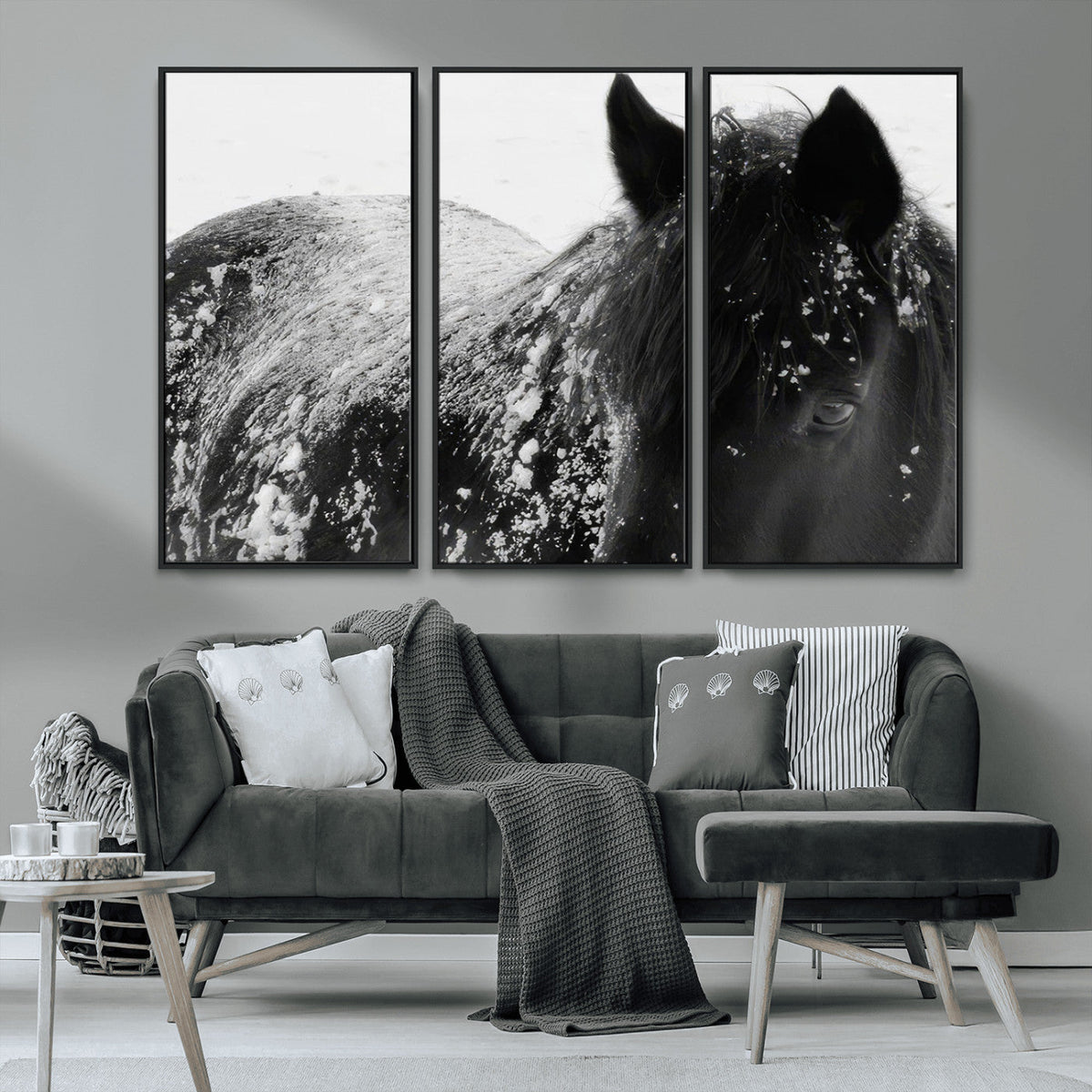 Black Horse in Snow Canvas Print | Winter Horse Wall Art |