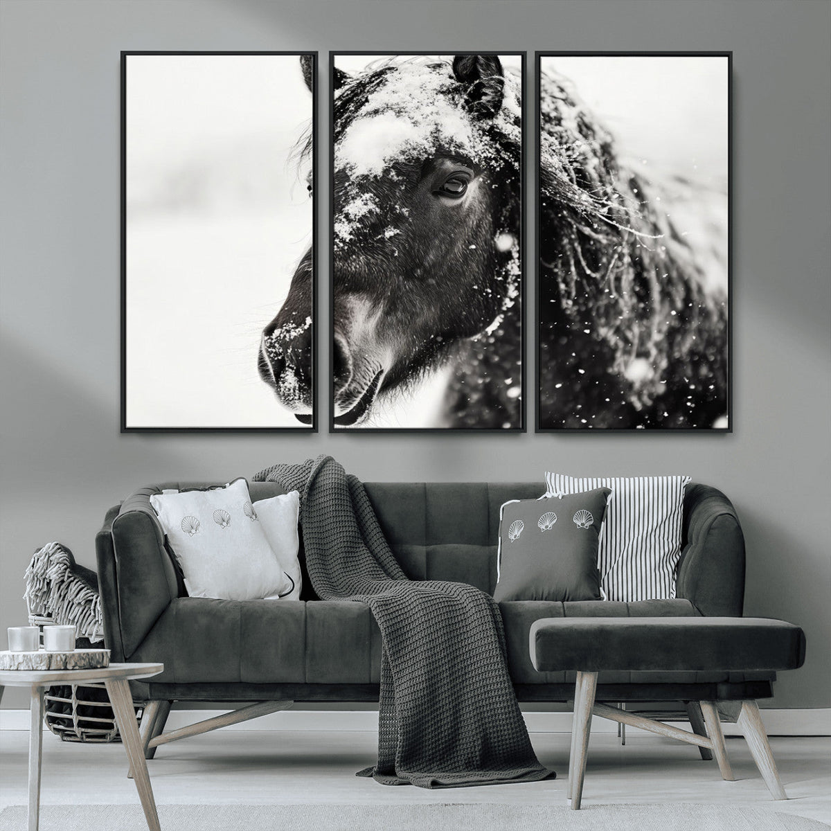 Framed Black and White Horse Wall Art | Ready to Hang and