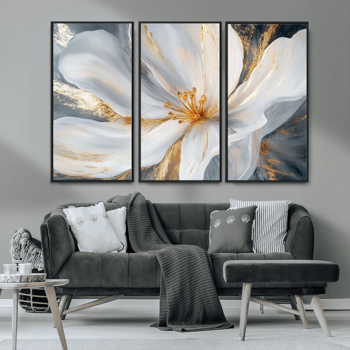 White and Gold Floral Canvas Wall Art - Framed and Ready to