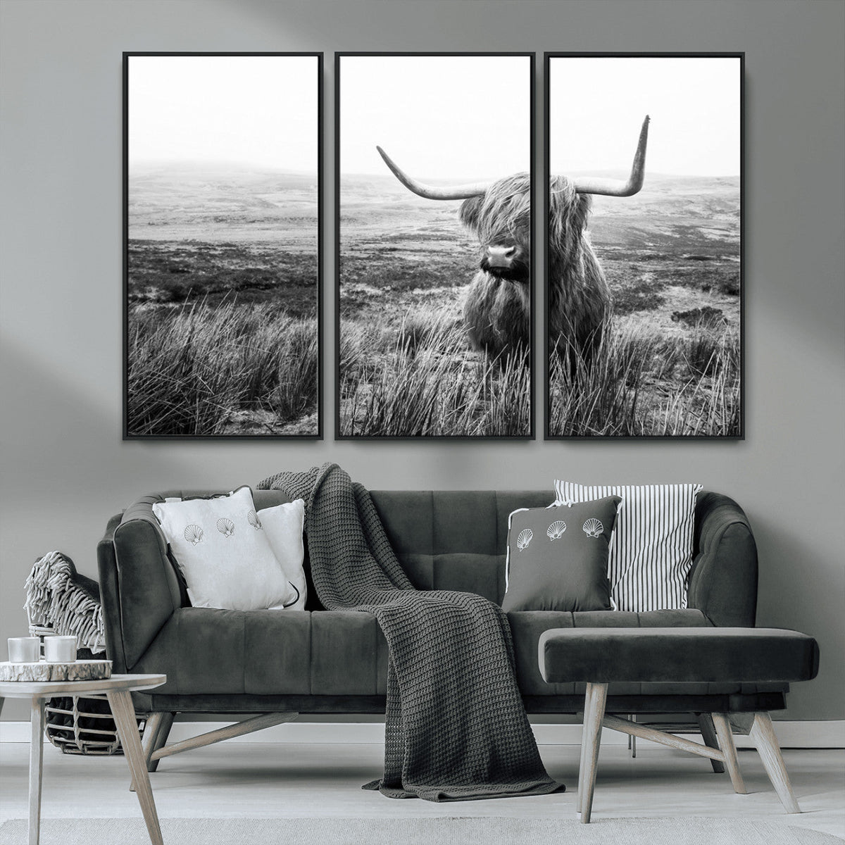 Scottish Highland Cow Wall Art | Black and White Canvas