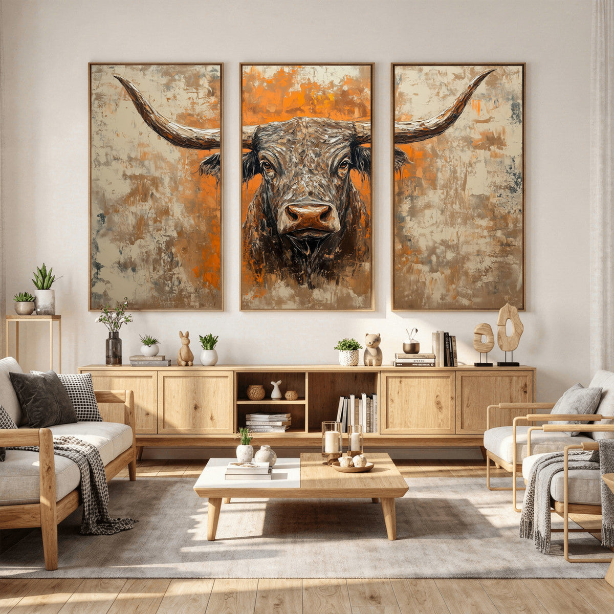 Abstract Cow Longhorn Bull Wall Art Canvas Print - Rustic