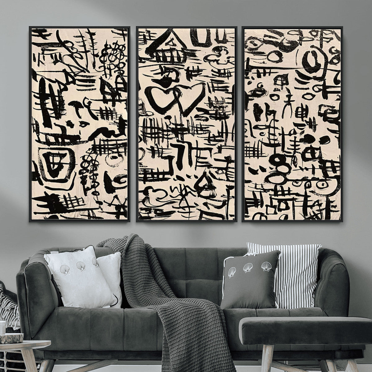 Abstract Love and Chaos Canvas Print, Black Symbols on Beige
