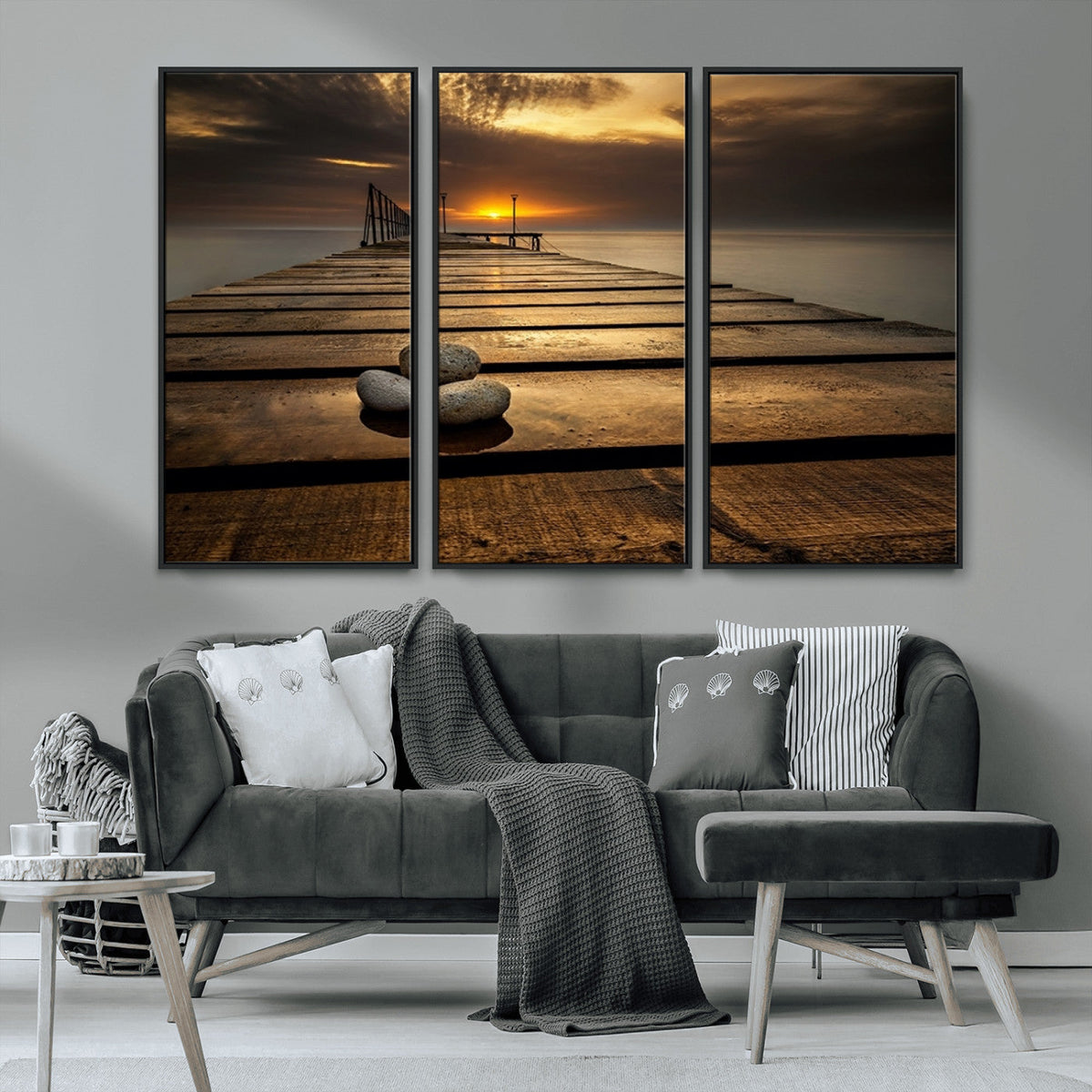 Stones on Wooden Pier at Sunset Canvas Print, Serene Coastal
