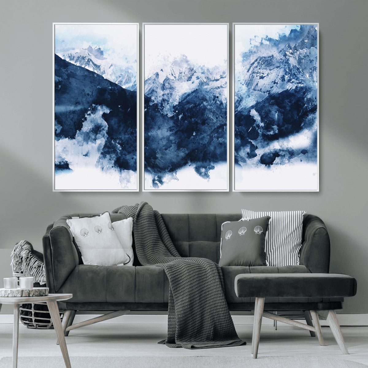 Abstract Blue Mountain Canvas Wall Art – Modern Triptych