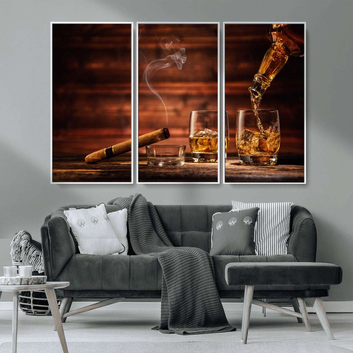 Whiskey and Cigar Wall Art Canvas | 3 Panel Bar Room Decor