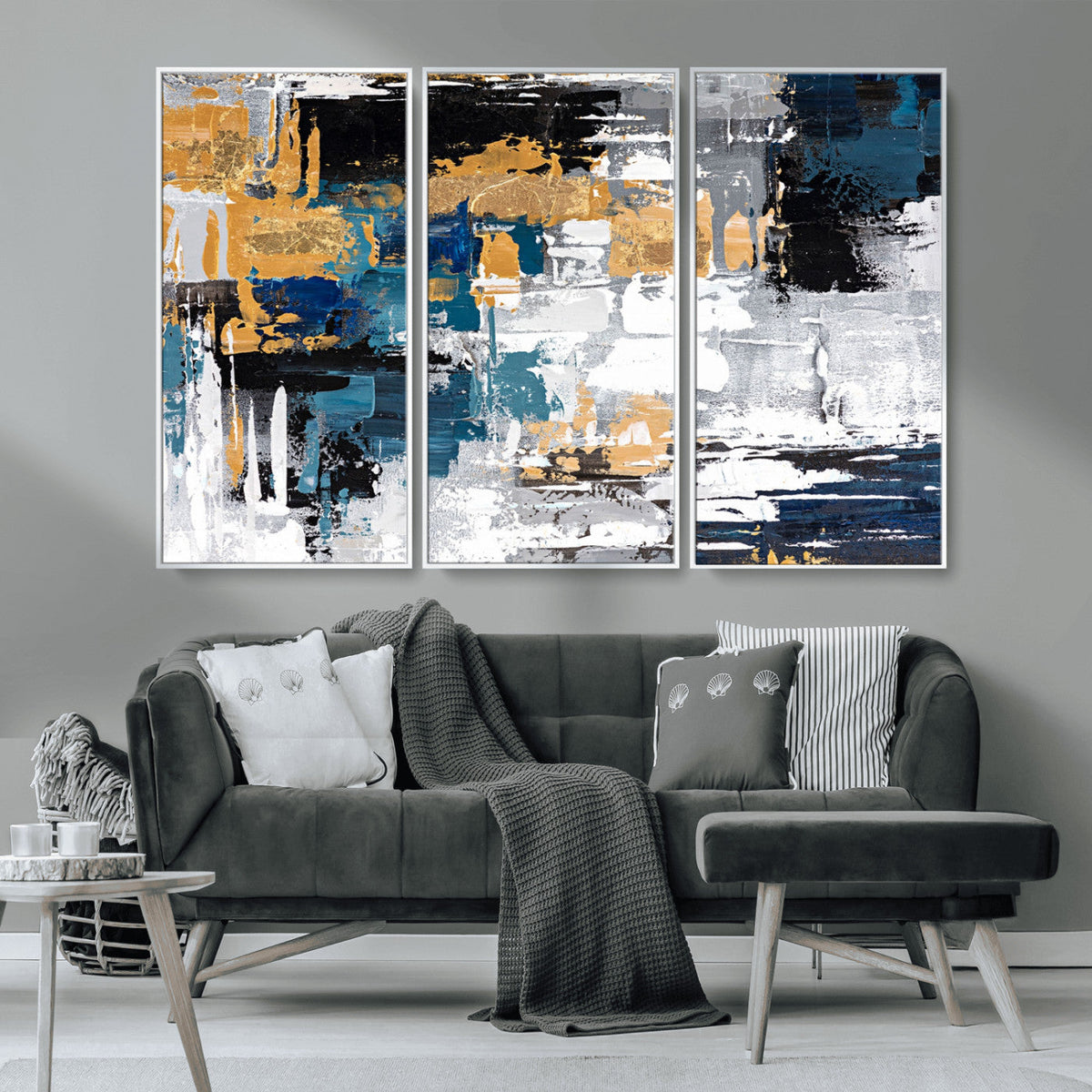 Blue and Gold Abstract Canvas Wall Art – Triptych Modern