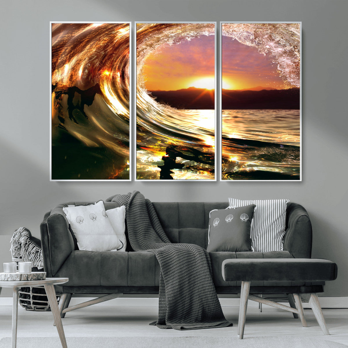 Golden Wave Sunset Triptych Canvas Art, Giclee Canvas Print