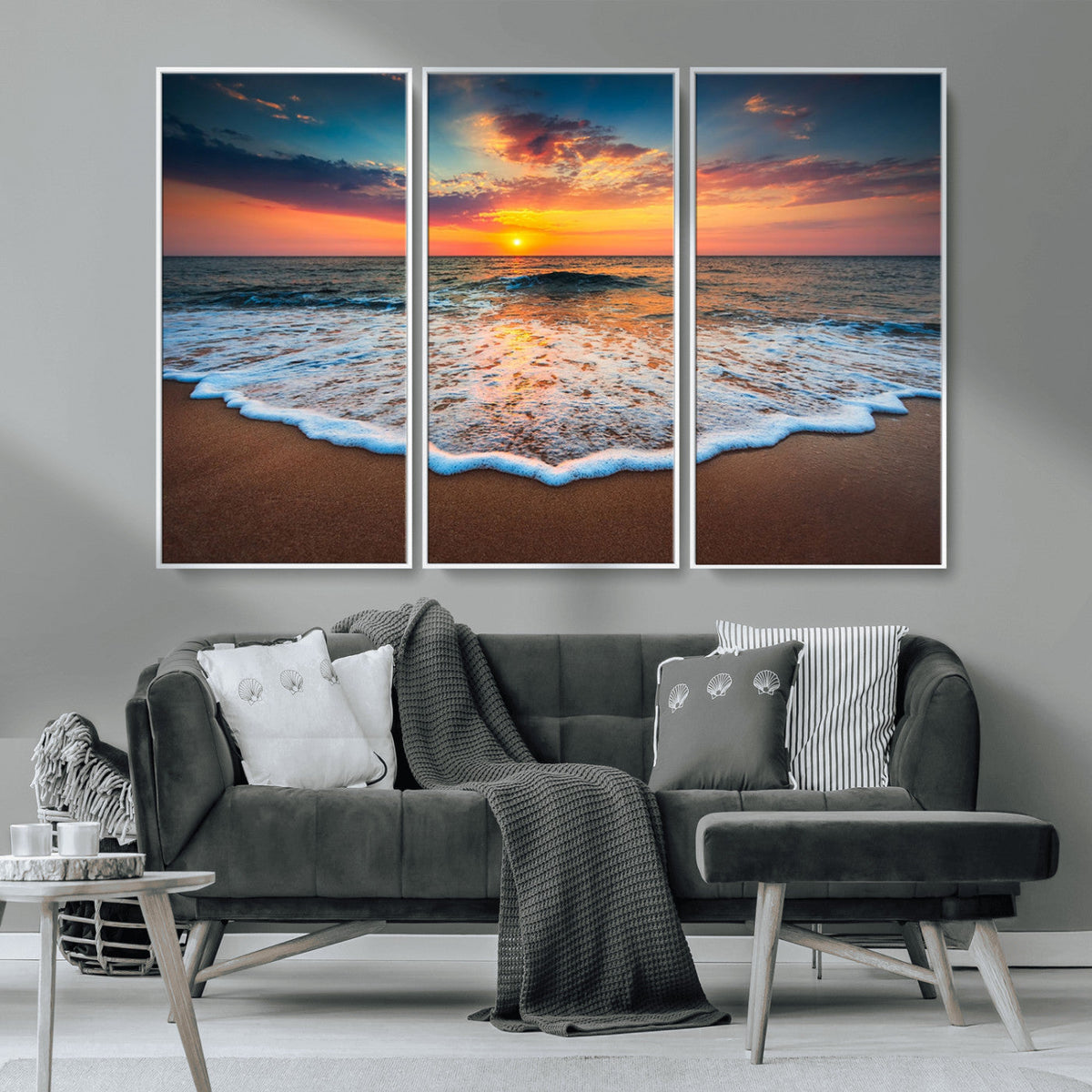 Sunset Beach Canvas Wall Art – Colorful Ocean Waves Triptych