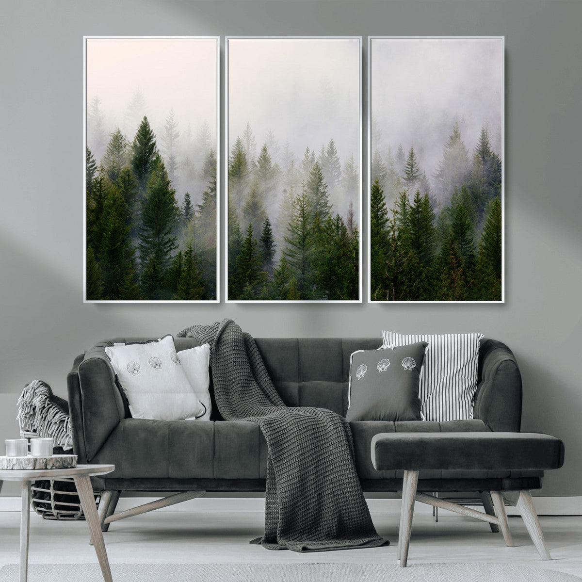 Misty Pine Forest Wall Art Canvas Print | 3 Panel Green
