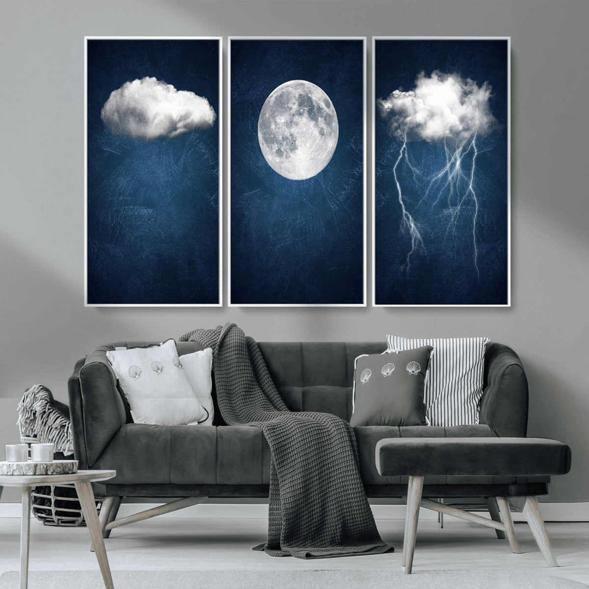 Dark Blue Cloud Art, 3 Piece Indigo Blue Wall Art, Aesthetic