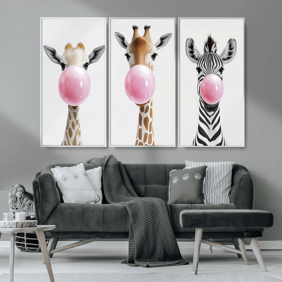 Bubblegum Animals Canvas Wall Art - Playful Giraffe and