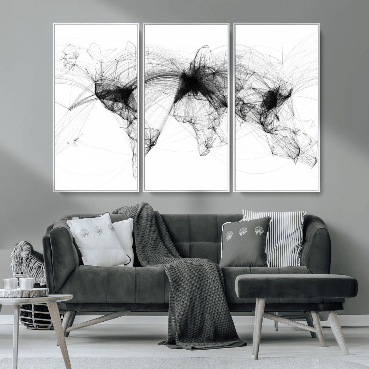 Abstract World Map Wall Art – Framed Geometric Line Canvas
