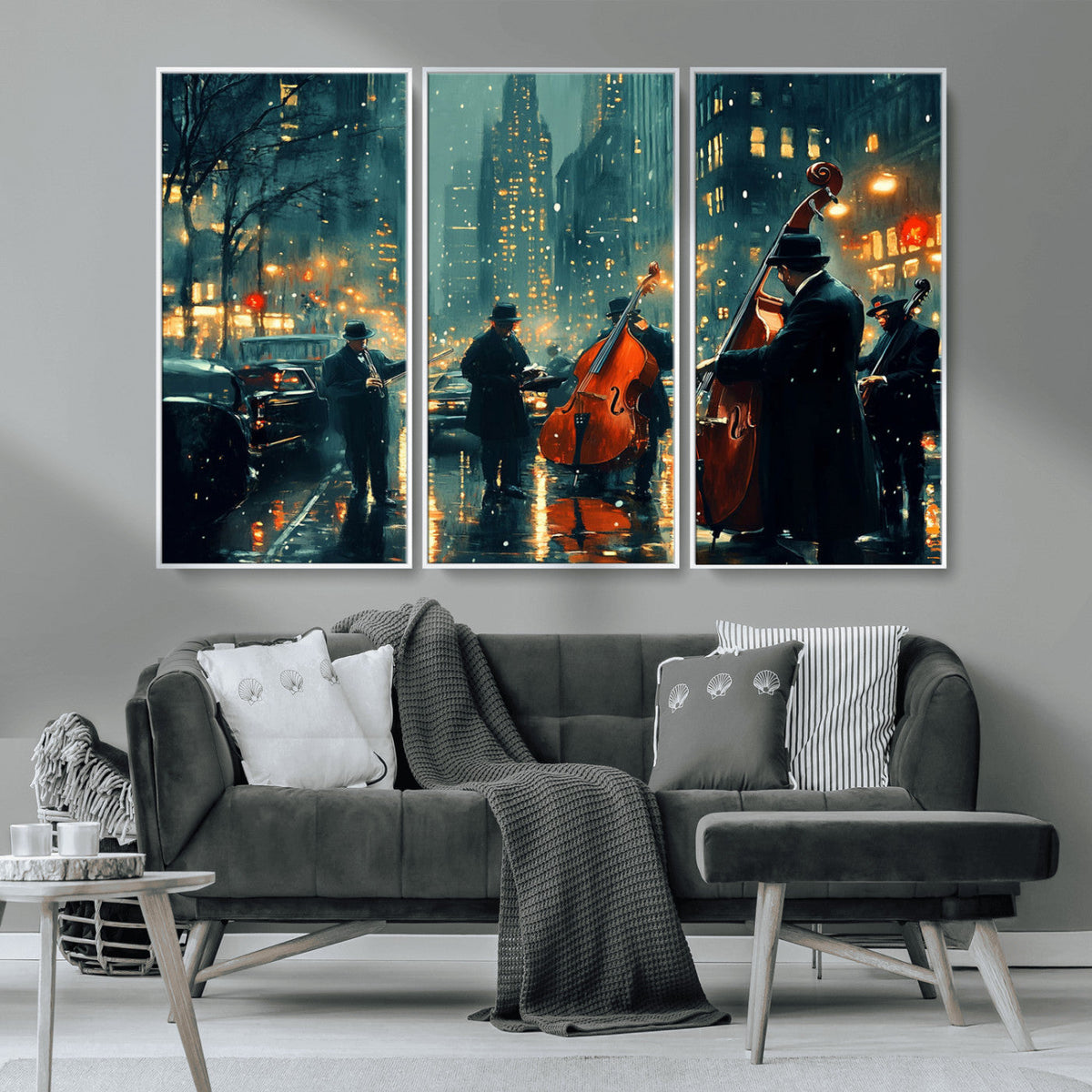 Urban Night Jazz Wall Art Canvas Print – Moody Rain-Soaked