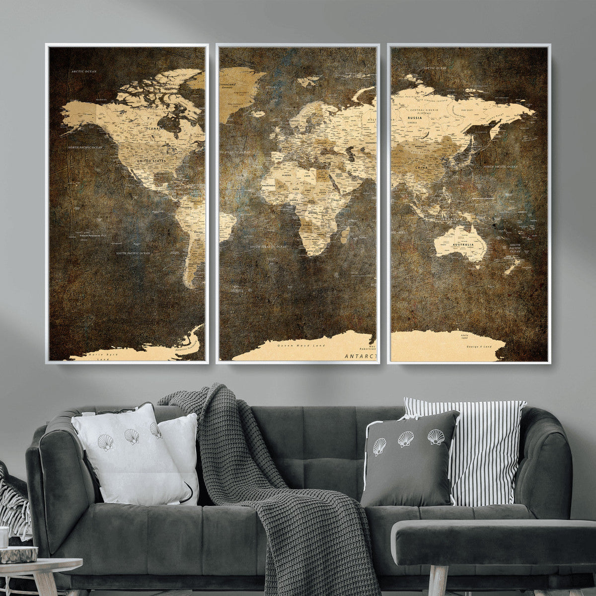 Large Framed Vintage World Map Wall Art Print for Home Wall