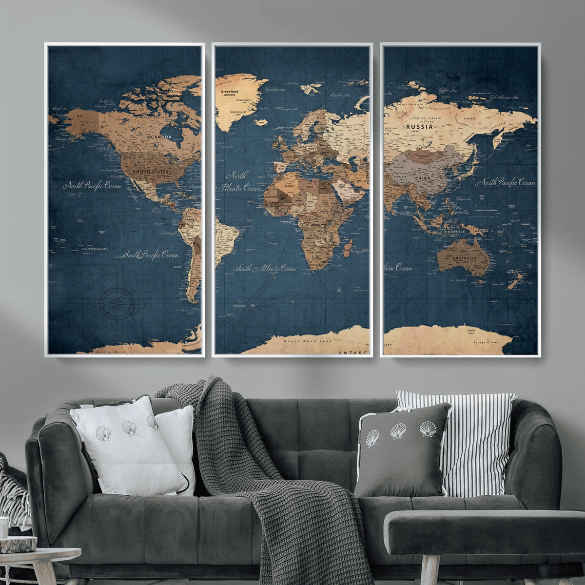 Navy Blue World Map Canvas Print – Framed Travel Map Wall