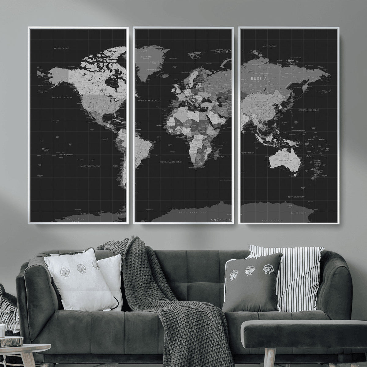 Black World Map Wall Art Canvas Print – Detailed Map of the