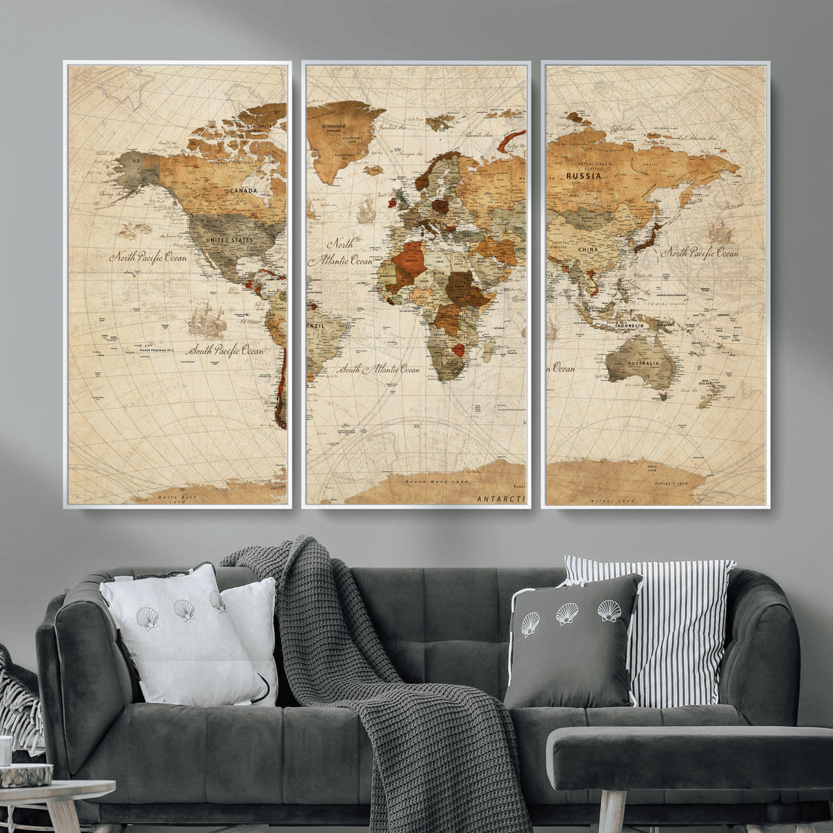 Rustic Vintage World Map Canvas Print – Framed Modern