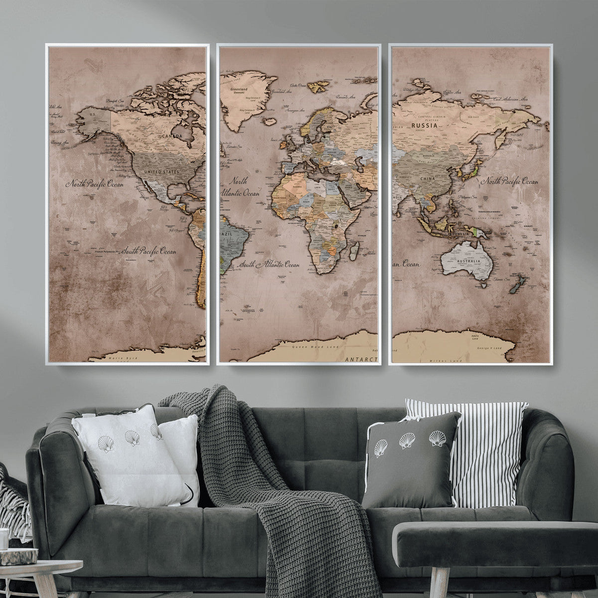 Grunge World Map Canvas Wall Art - Vintage Aged World Map