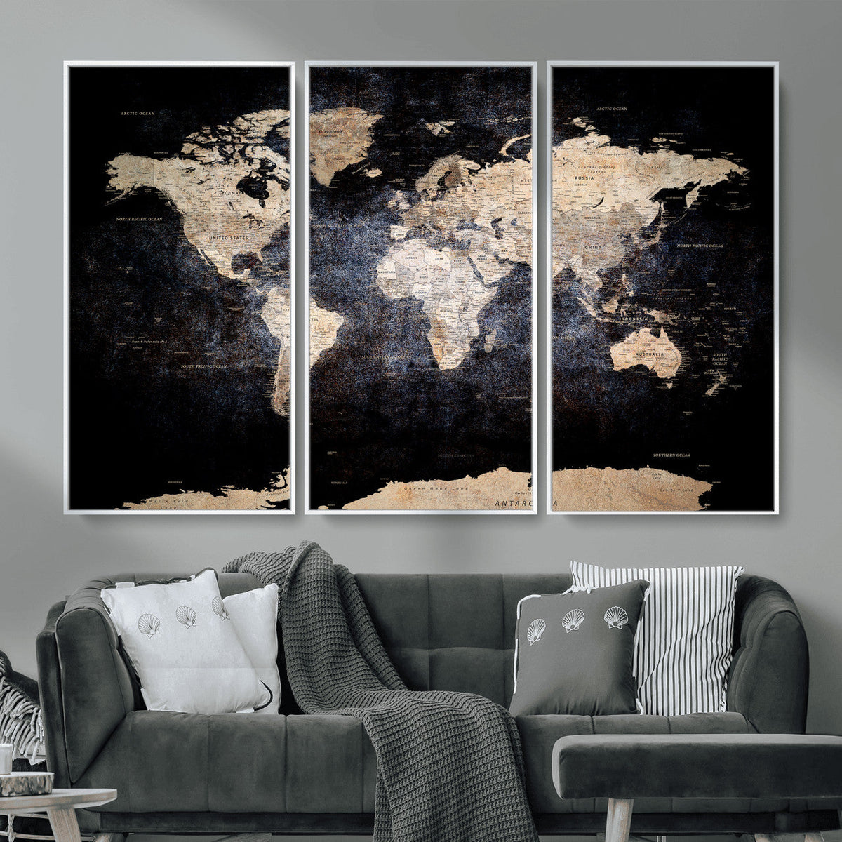 Grunge World Map Wall Art | 3-Panel Large Beige and Brown