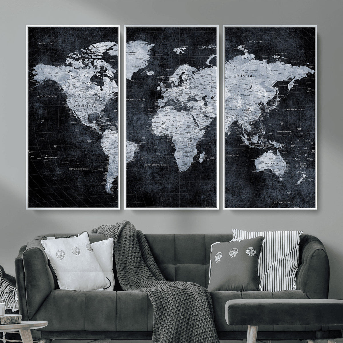 Black World Map Canvas Print – Detailed Map for Couples and