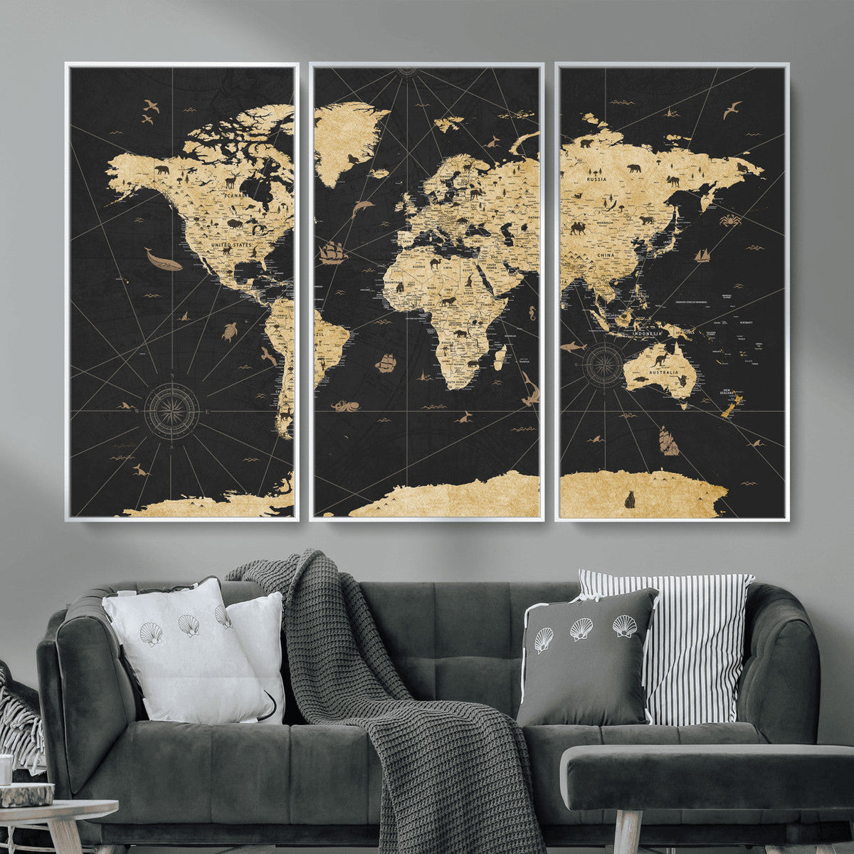 Vintage Blue and Brown World Map Canvas Wall Art – Framed