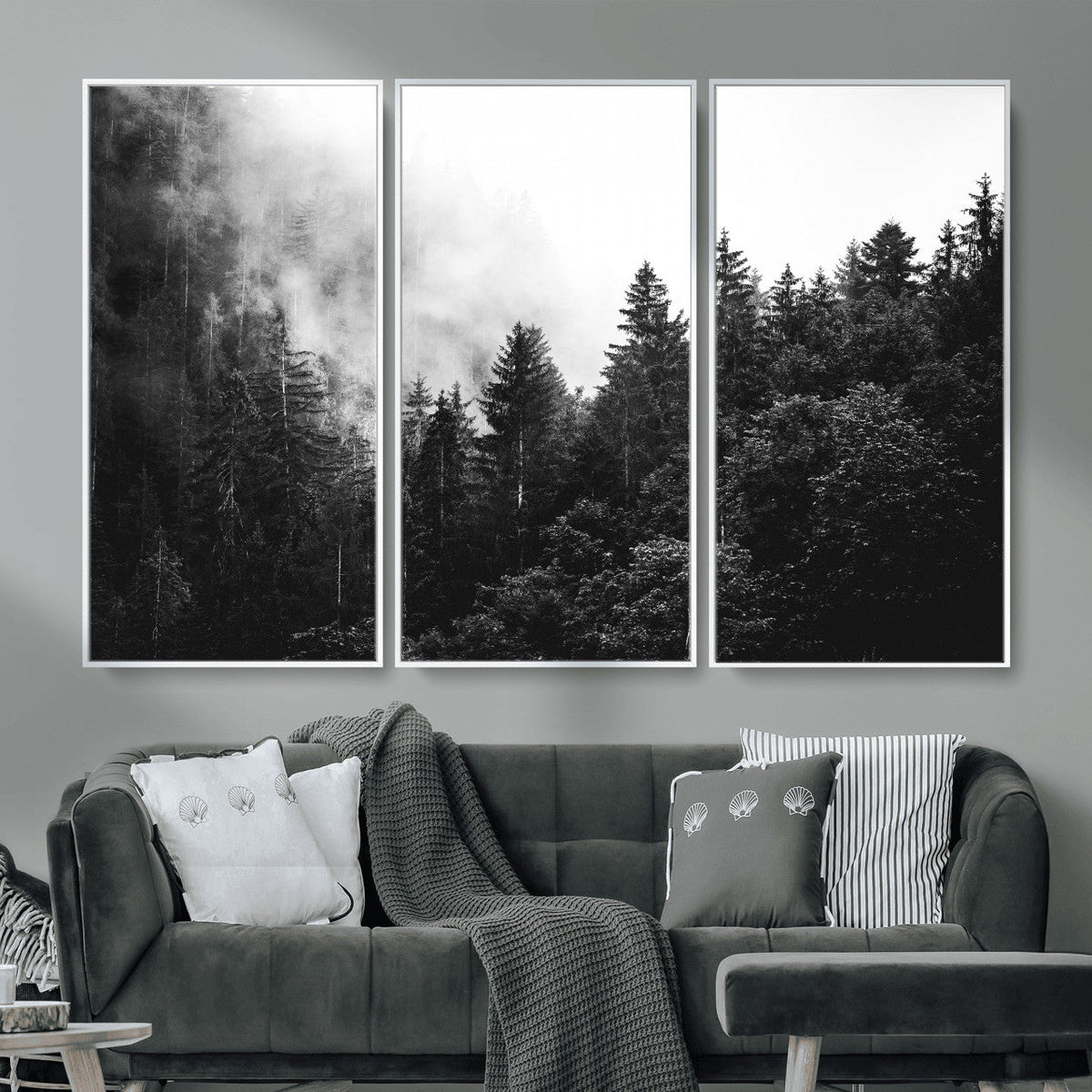 Black White Forest Wall Art Canvas Print, Misty Pine Tree