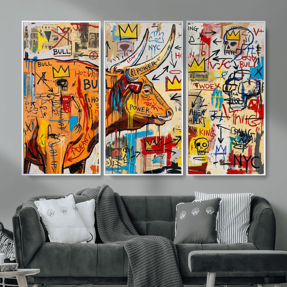 Basquiat Style Bull Graffiti Wall Art Canvas Print, Street