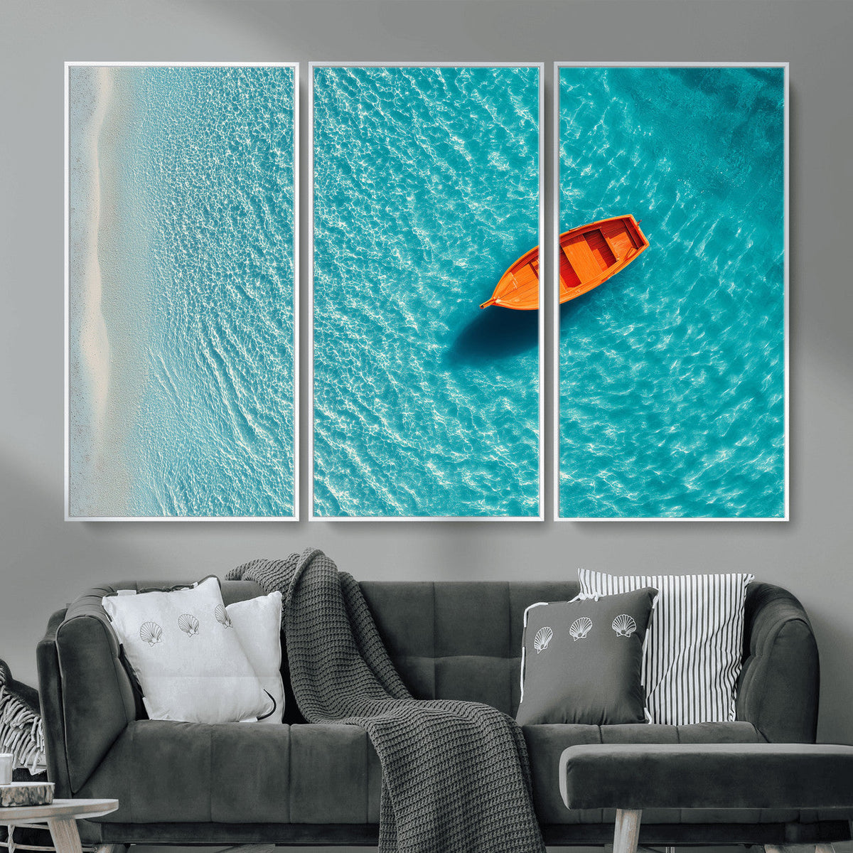Minimalist Boat Wall Art Canvas Print, Aerial Sea Landscape
