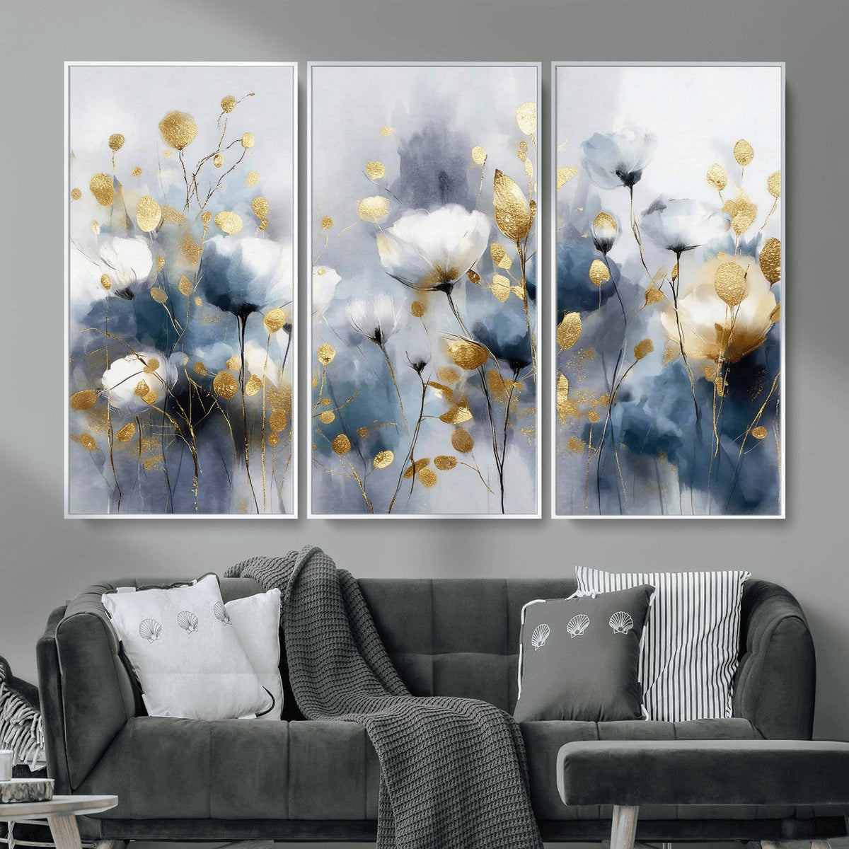 Large Abstract Flowers Wall Art Canvas Print – Gold and Blue