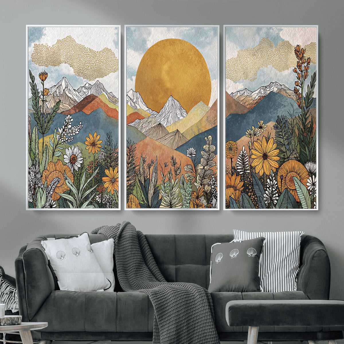 Boho Mountain Landscape Large Wall Art, Horizontal Gold