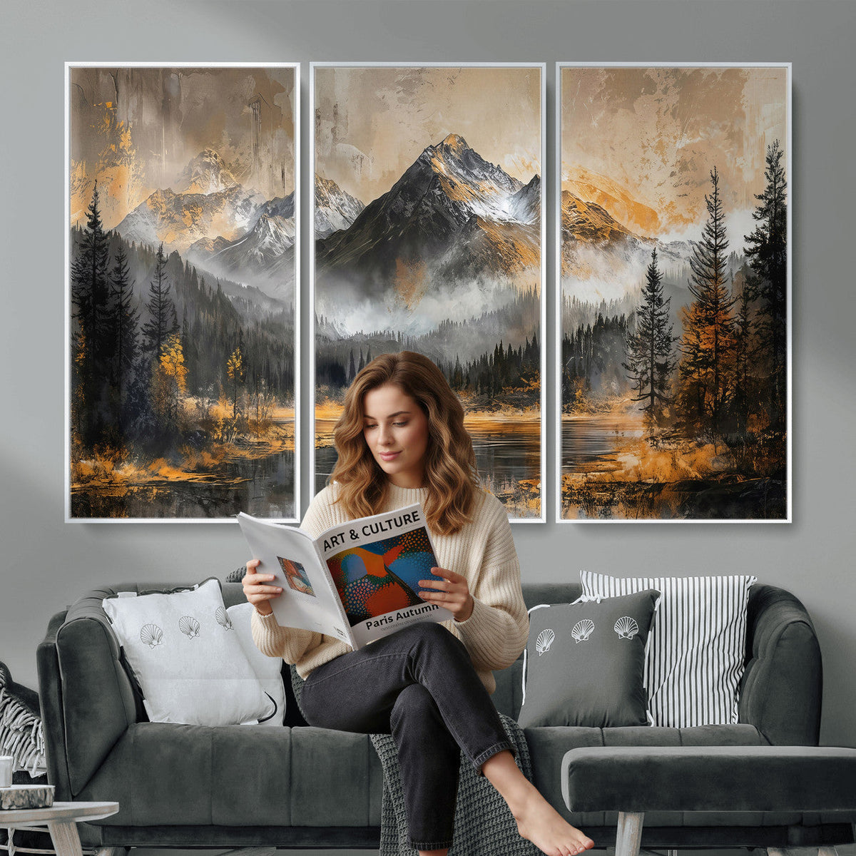 Mountain Lake Canvas Wall Art — Rustic Forest Landscape