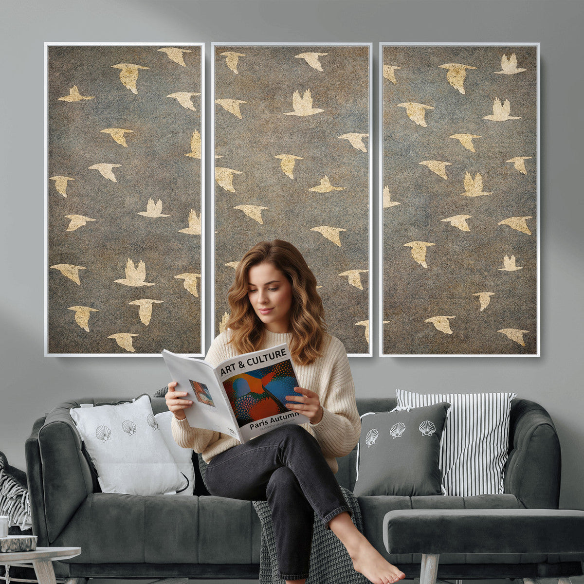 Flying Birds Canvas Wall Art, Vintage Bird Flock Pattern