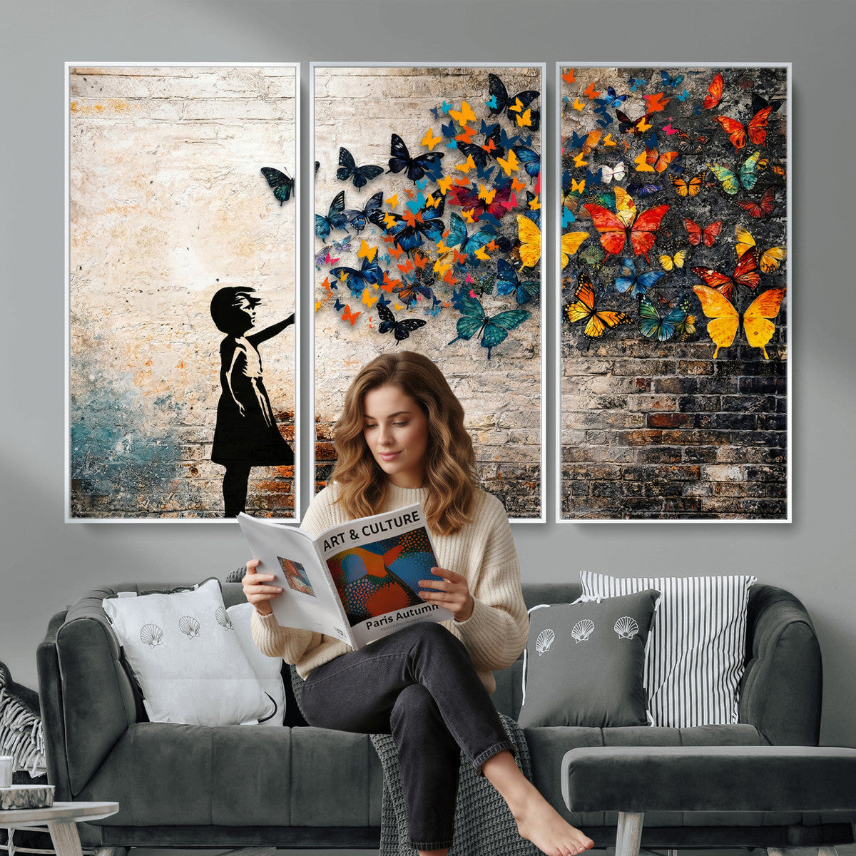 Banksy Graffiti Butterfly Girl Wall Art Canvas Print, Framed