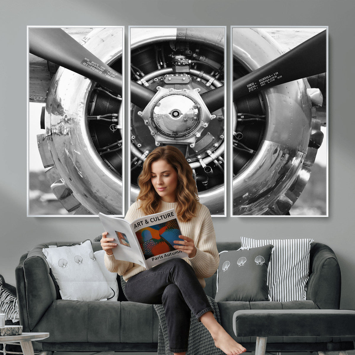 Vintage Propeller Plane Wall Art Canvas Print, Black and