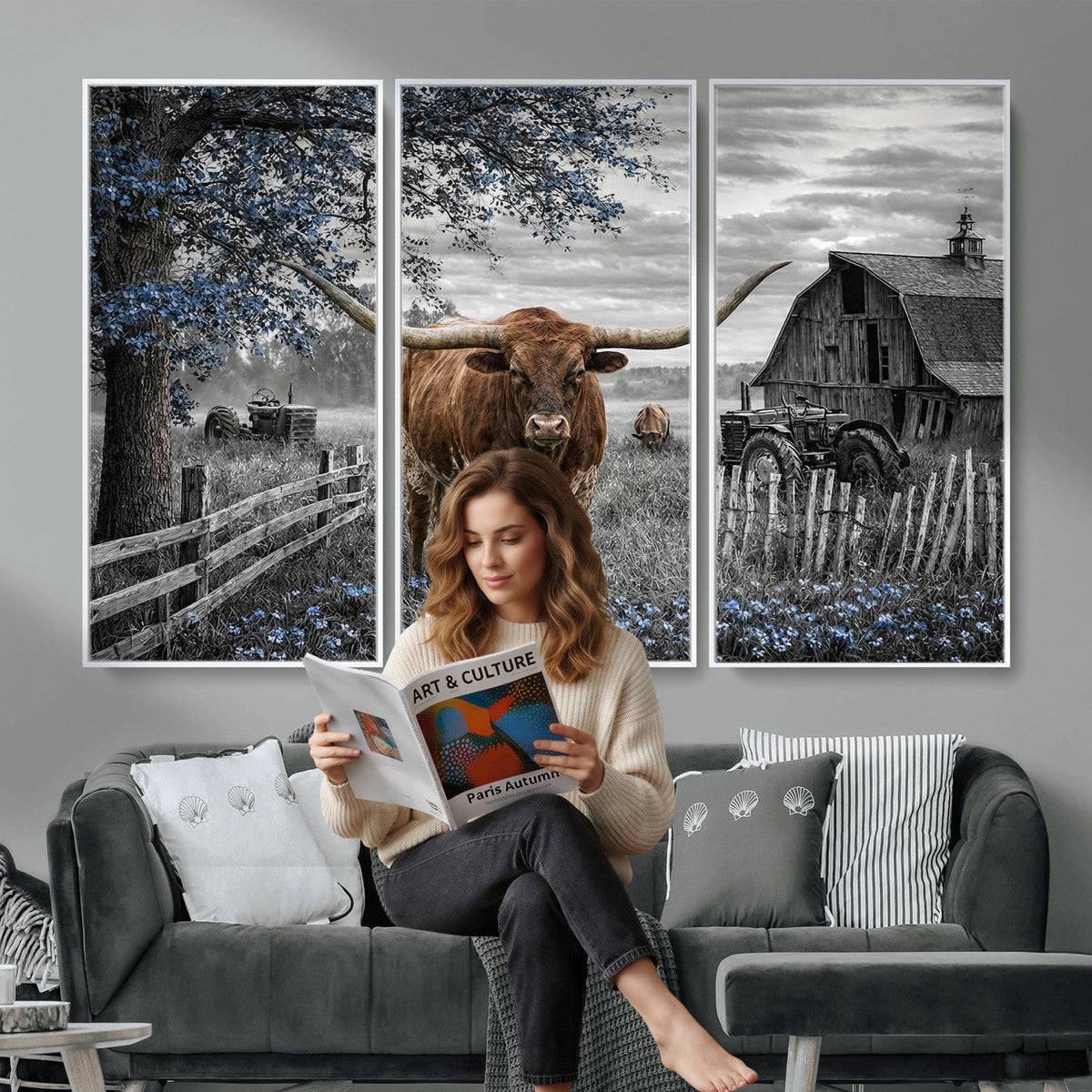 Texas Longhorn Canvas Wall Art, Rustic Farm Barn Bluebonnet